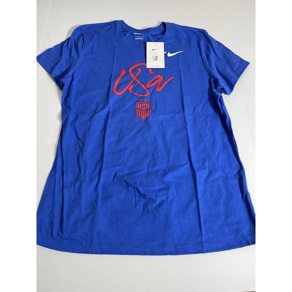 Nike Team USA Women's USWNT Soccer T-shirt Script Blue Size L New